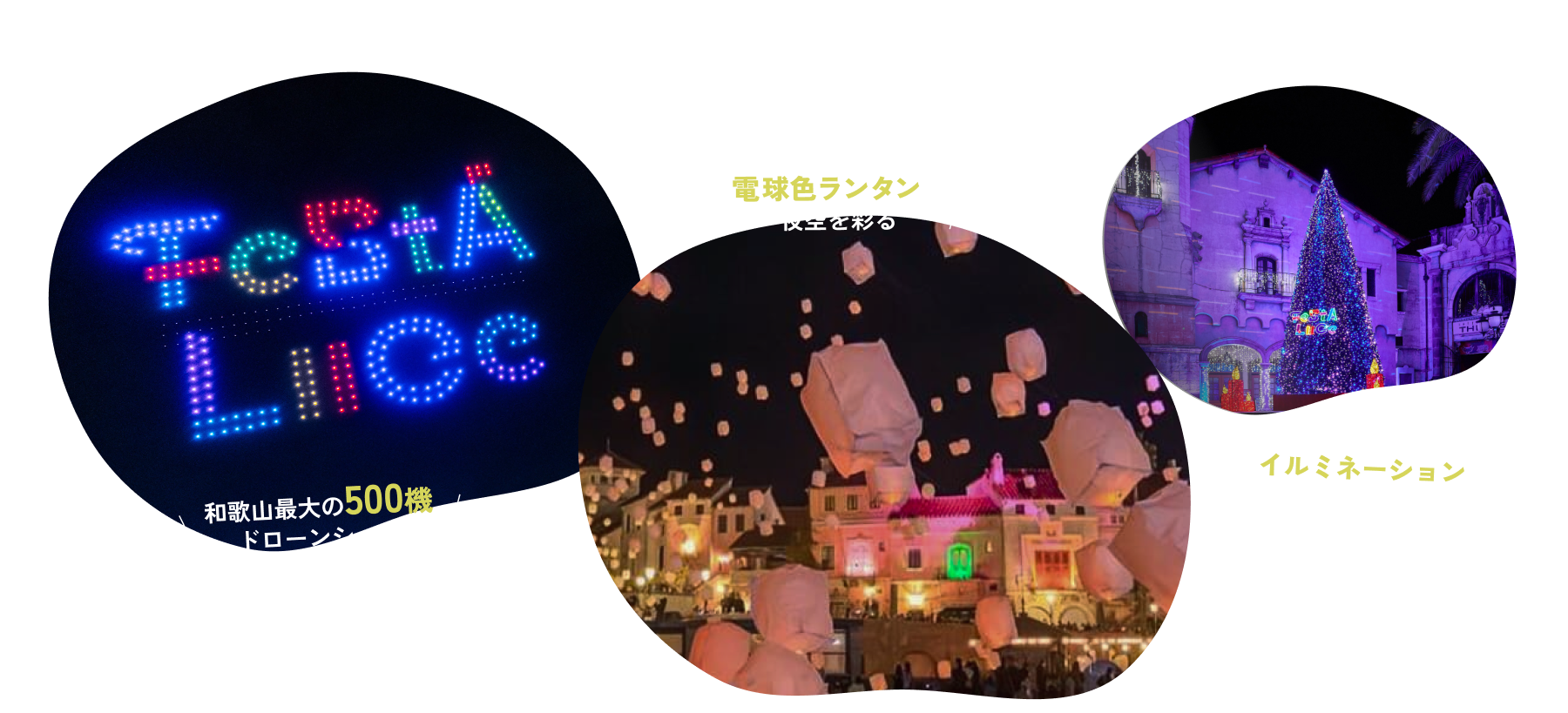 和歌山最大の500機ドローンショー、カラフルランタンが夜空を彩る、ヨーロッパの街並みイルミネーション